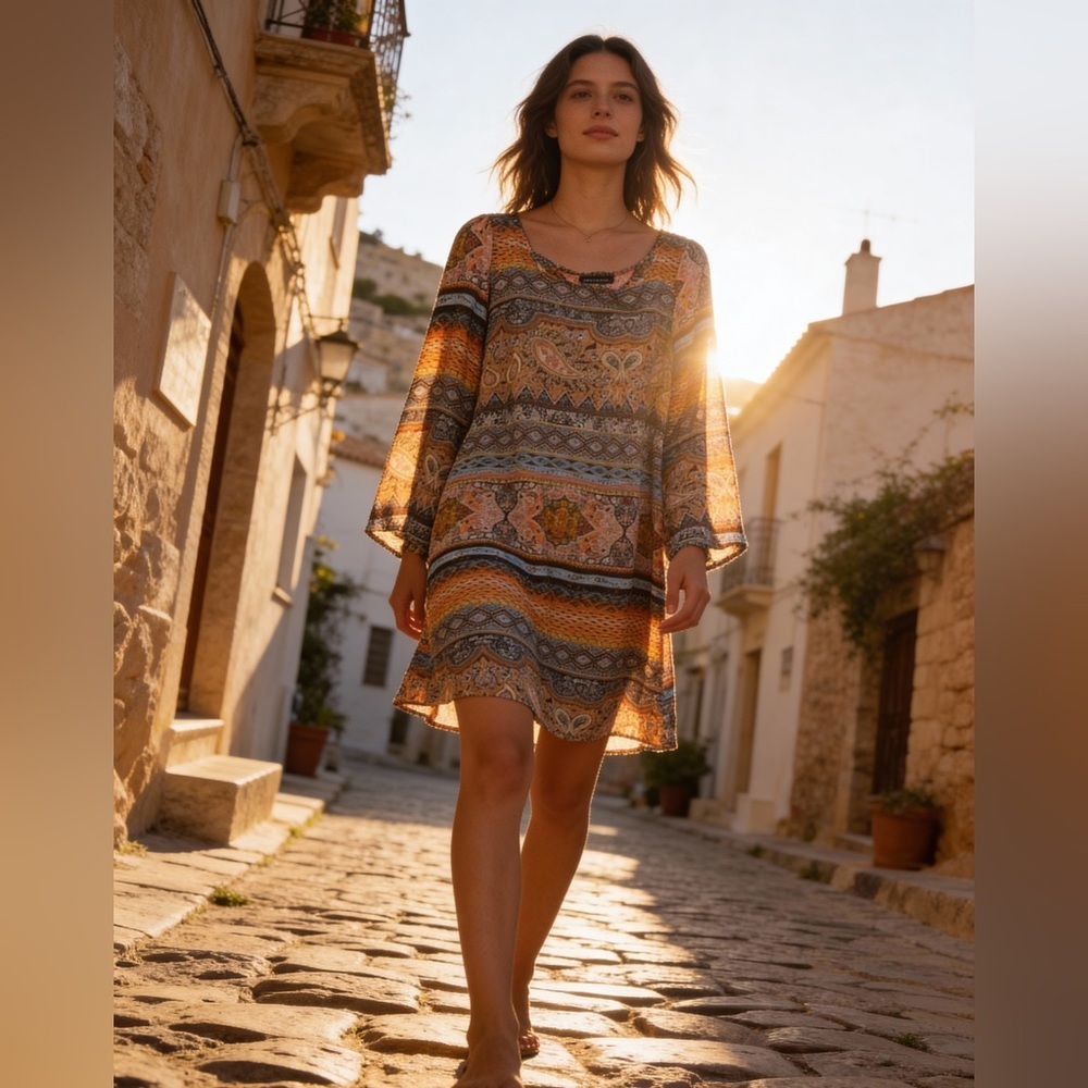Fashion Fuse Boho Sheath Dress Medium Bell Sleeve Paisley Tribal Multicolor
